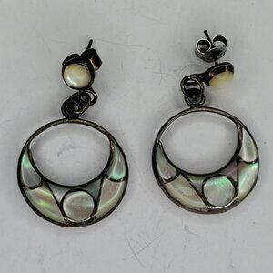 Vtg Silver Tone Shell/Mother-of-Pearl Dangly Half Moon Earrings Signed AT .75"